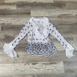 Komarov White Black Embroidered Wrap Blouse Ruffle Fairycore Boho USA Medium